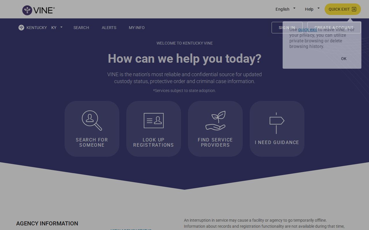Kentucky VINELink search screen for a Hardin County release check